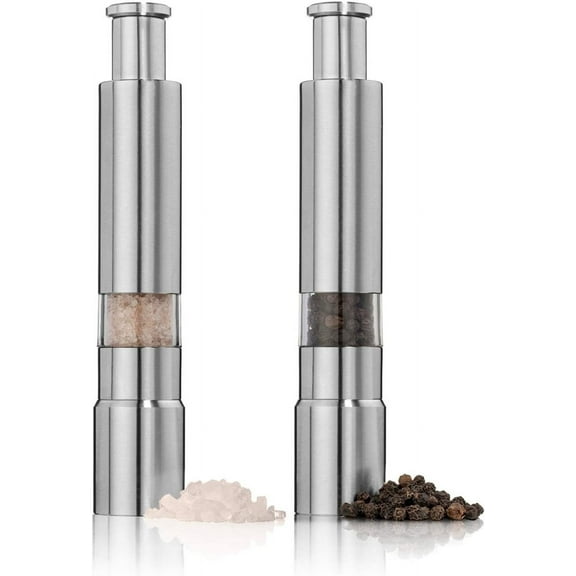Salt and Pepper Grinder Set of 2,Stainless Steel Push Button Grinder Modern Design Thu Grinder, for Black Pepper, Sea Salt and Himalayan Salt, Spice and Salt
