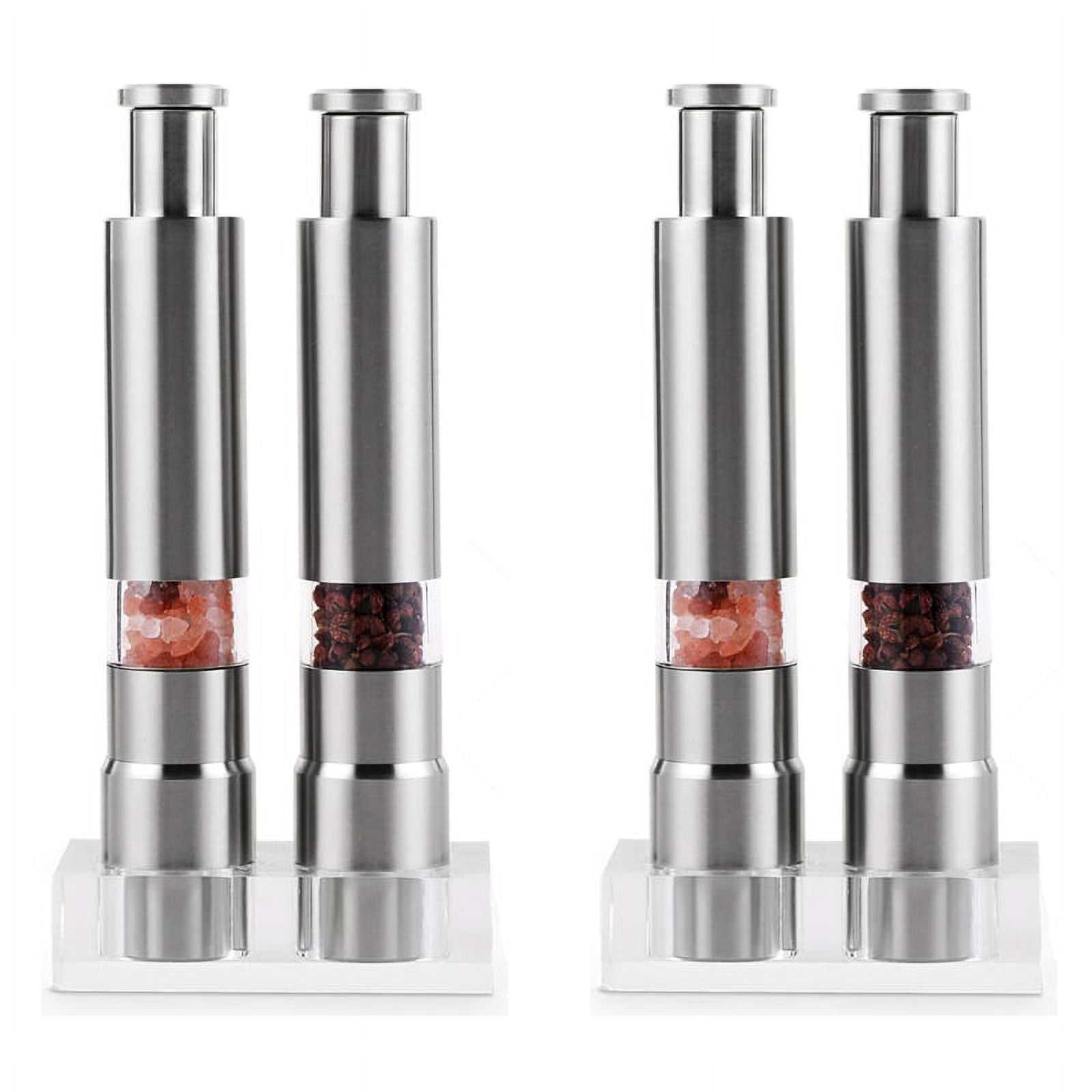 Salt and Pepper Grinder Set of 4, Pepper Mill Stainless Steel Salt Shaker Push-Button Manual Glass Salt and Pepper Set,4 x pepper grinder 2 x Base,Silver