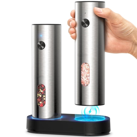 TeSabMi Electric Salt and Pepper Grinder Set, Rechargeable USB-C Charging Base, LED Light, Silver