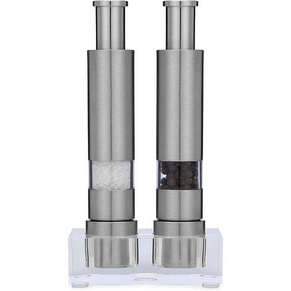 Salt and Pepper Grinder Set, Original Pump & Grind Peppermill are Refillable, Modern Thumb Press Grinder, Works With Black Pepper, Sea Salt, Himalayan Salts, Stand Included