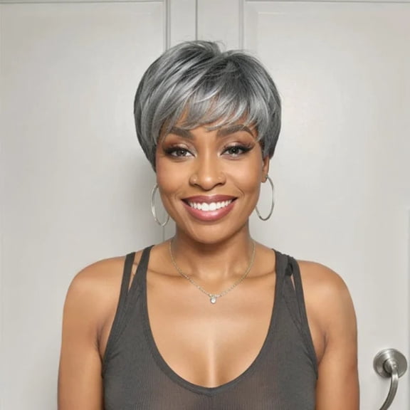 Salt & Pepper Layered Pixie Cut Short Wig With Bangs, Full Machine, No Lace Bob Wigs For Women