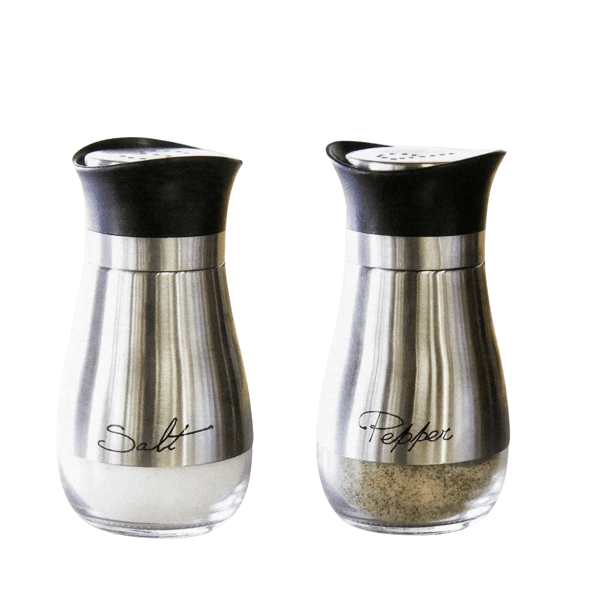 Silver Stainless Steel and Glass Salt and Pepper Shakers Set