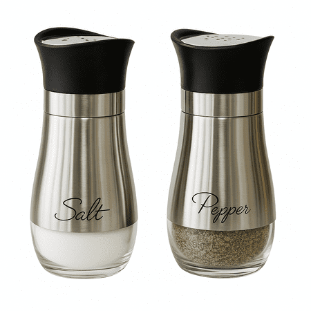 Salt & Pepper Shaker Set Stainless Steel Covering Glass with "Salt" and "Pepper" Printed on Front, 4.42 Oz Capacity Spice Dispensers Kitchen Dining Table by Dependable Industries (Silver)