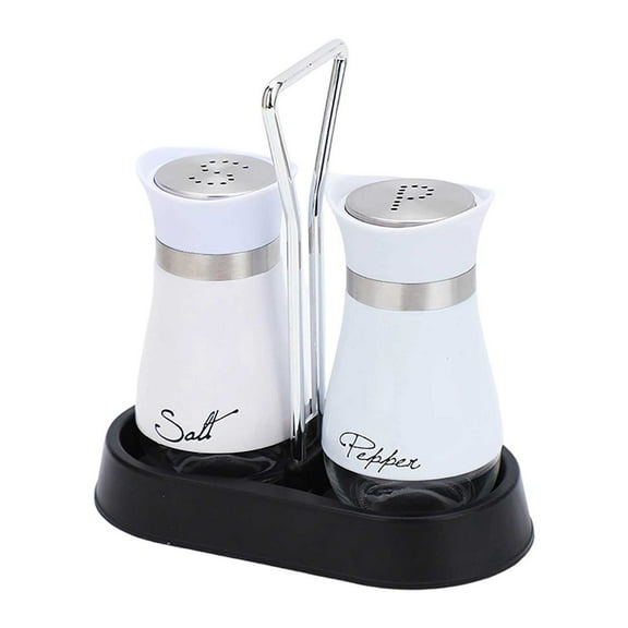 Salt and Pepper Shaker Set, Stainless Steel with Glass Bottles, Suitable for Dining Tables, Motorhomes, Camping, Barbecues, Set of 2 + Seasoning Rack,E,11.2x5.8cm