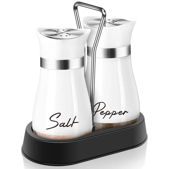 Salt and Pepper Shakers, Farmhouse Salt and Pepper Shakers Set with Holder, electroplated Handle, 4 oz Stainless Steel Glass Bottle Dispenser, for Table, RV, Camp, BBQ (White)