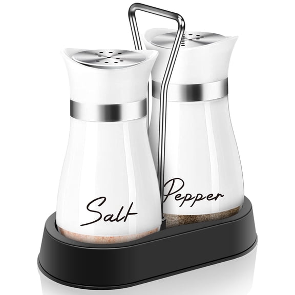 Salt and Pepper Shakers, Farmhouse Salt and Pepper Shakers Set with Holder, electroplated Handle, 4 oz Stainless Steel Glass Bottle Dispenser, for Table, RV, Camp, BBQ (White)