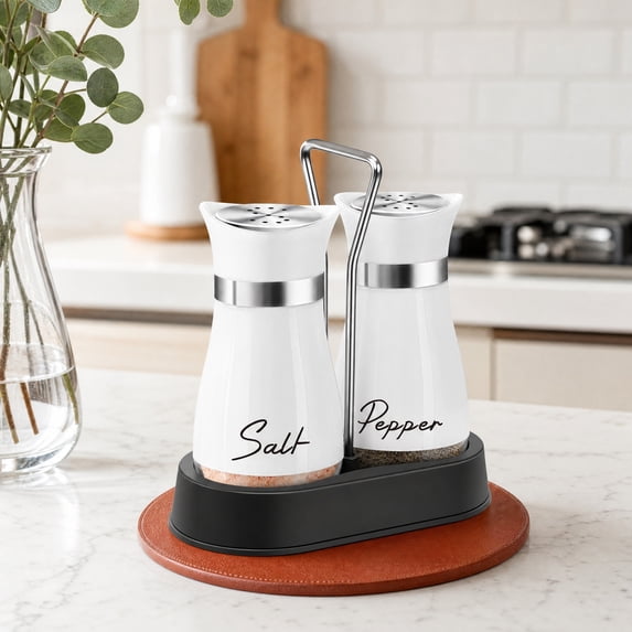 Salt and Pepper Shakers, Farmhouse Salt and Pepper Shakers Set with Holder, electroplated Handle, 4 oz Stainless Steel Glass Bottle Dispenser, for Table, RV, Camp, BBQ (White)