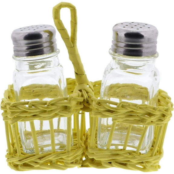Salt Pepper Shakers Glass Set in Wicker Basket Yellow