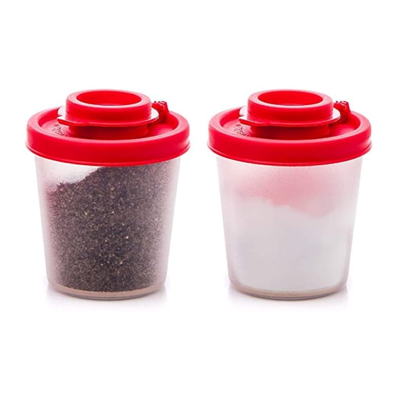 Salt and Pepper Shakers Moisture Proof Set of 2 Medium Salt Shaker to go Camping Picnic Outdoors Kitchen Lunch Boxes Travel Spice Set Clear with Red Covers Lids Airtight Spice Jar Dispenser