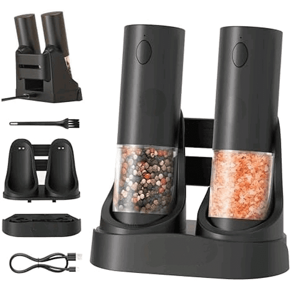 Salt and Pepper Shakers Set Electric with Dual Charging Station - Electric Salt and Pepper Grinder Set with LED Light, Adjustable Coarseness, Black$$Home Decor, Kitchen, & Other