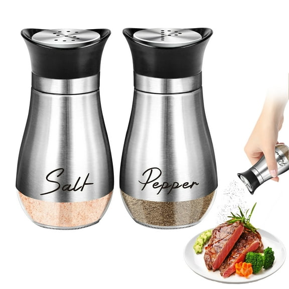 Salt and Pepper Shakers Set by Ustris, 4 oz Glass Bottom Salt Pepper Shaker with Stainless Steel Lid for Kitchen Cooking Table, RV, Camp,BBQ Refillable Design (Silver)