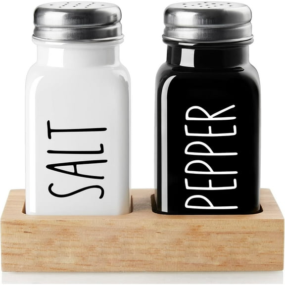 Salt and Pepper Shakers Set with Holder - Dopeca Glass Salt Shaker with Wood Caddy for Kitchen Counter or Table - Black and White Kitchen Decor and Wedding Gifts -2.7 oz