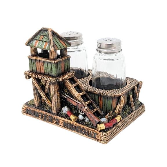Salt and Pepper Shakers Set with Holder – Rustic Resin Lodge with Hunter's Hideout Design – Western Hunting Cabin Décor, Tabletop Dining & Kitchen Use for Hunters & Cabin Homes – Gift for Outdoorsmen