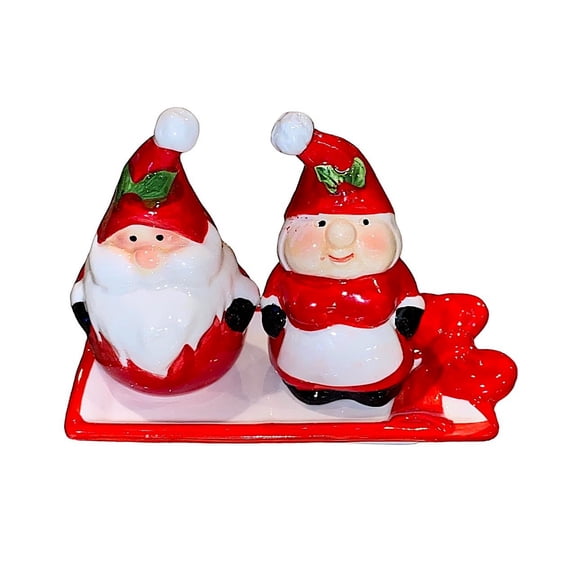 Salt & Pepper Shakers Set W Serving Tray Mr & Mrs Santa Claus Christmas Winter Functional Kitchen Ceramic Colorful Tabletop Serveware