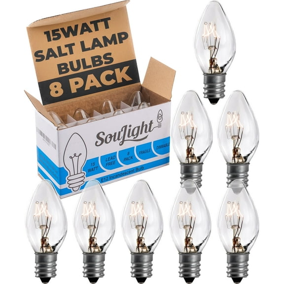 Salt Rock Lamp Bulb 15 Watt Replacement Bulbs for Himalayan Salt Lamps & Baskets, Chandeliers, Candle & Wax Warmers, Night Lights. E12 Socket, C7, Warm White – 8 Pack
