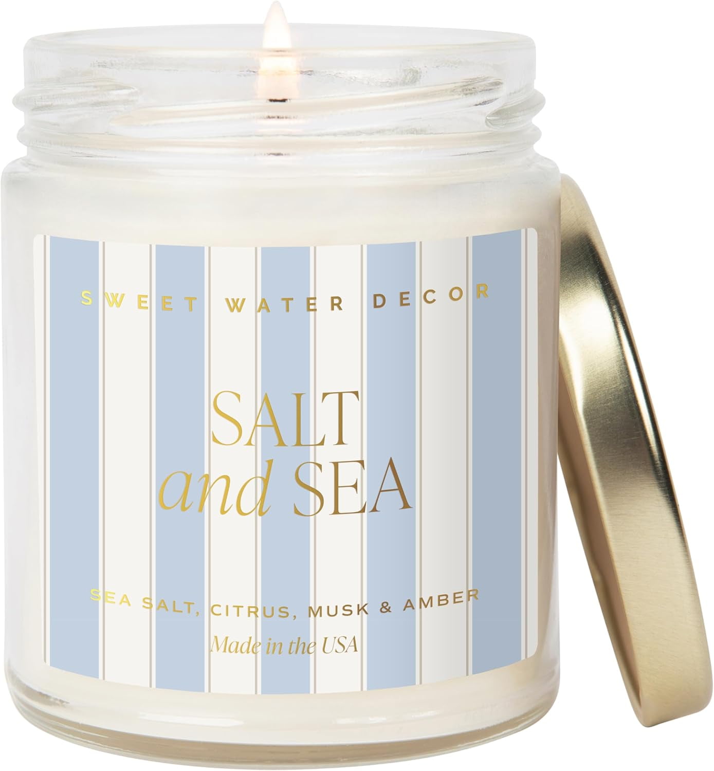 Salt and Sea Patterned Candle – Soy Candles with Sea Salt, Citrus, Musk, Amber Aroma– 40 Hour Burn – 9oz Clear Glass Jar – Ocean Summer Candles for Home Decor