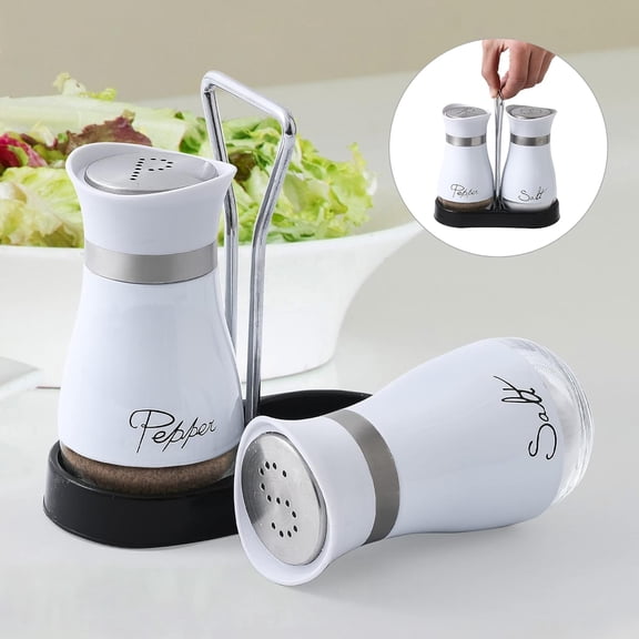 Salt Shakers and Pepper Set,4 oz Glass Bottom Salt Pepper Shaker with Stainless Steel Lid for Kitchen Gadgets Cooking Table, RV, Camp,BBQ Refillable Design (White with bracket)