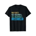 thumbnail image 1 of No Salt. No Sharks. No Worries. Lake Life T-Shirt - Black with Turquoise & Mustard Print, Lightweight Short Sleeve Casual Tee for Boating, Fishing, Swimming & Lake Outings, 1 of 6