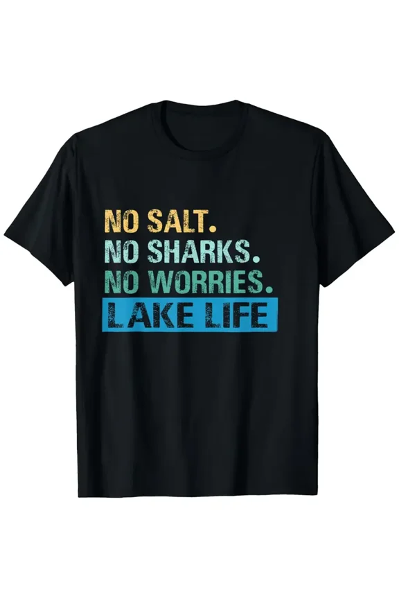 No Salt. No Sharks. No Worries. Lake Life T-Shirt - Black with Turquoise & Mustard Print, Lightweight Short Sleeve Casual Tee for Boating, Fishing, Swimming & Lake Outings