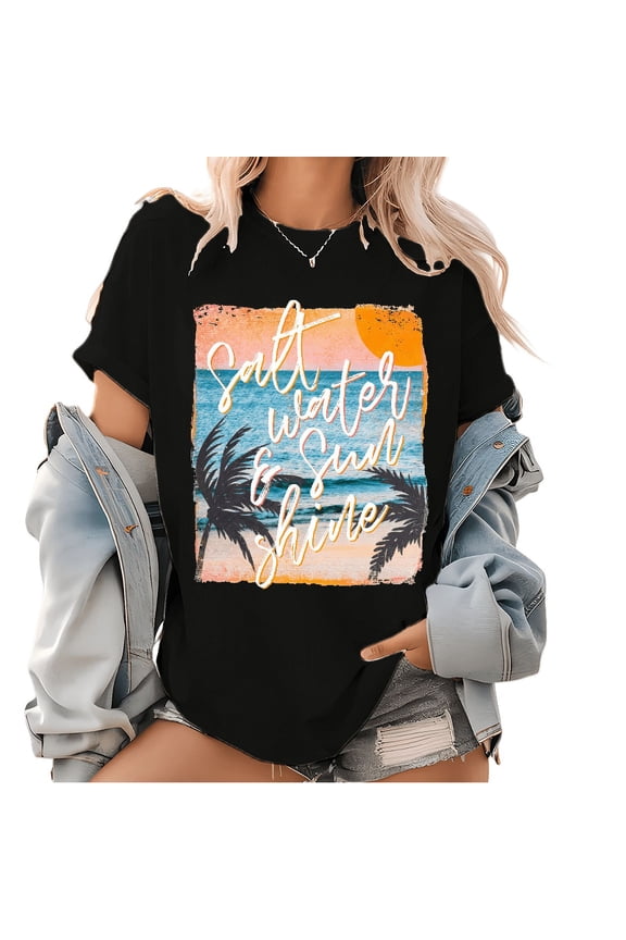 Salt Water & Sunshine Graphic T Shirt Beach Sunrise Pattern Classic Tops Ocean Tee Summer Vibes Shirts Summer Time Surf Shirt popular InS-style pattern round neck is trendy Black,2XL