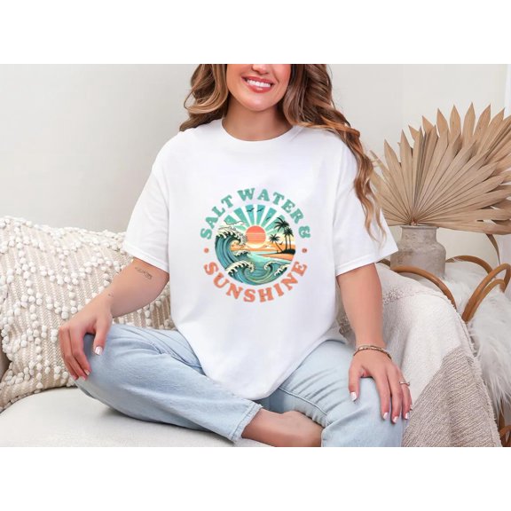 Salt Water Sunshine Unisex T-shirt Summer Beach Day Vacation Salty Hair Vibe, for men & women, up to size 5XL.