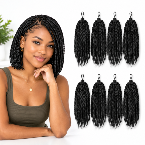 Salt and Pepper 8 Inch Pre-Looped Crochet Box Braids Hair Extensions, 8 Packs