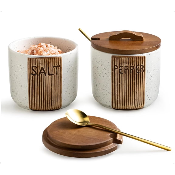 Salt and Pepper Bowl Ceramic, 10 Oz Salt and Pepper Cellar with Lid and Spoon, Farmhouse Salt Containers for Countertop, White