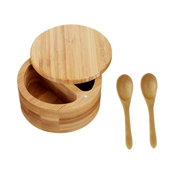 Salt and Pepper Bowl Separated Bottle with Rotating Lid and Spoon Seasoning Container Natural Material Keep Dry for Kitchen Cooking