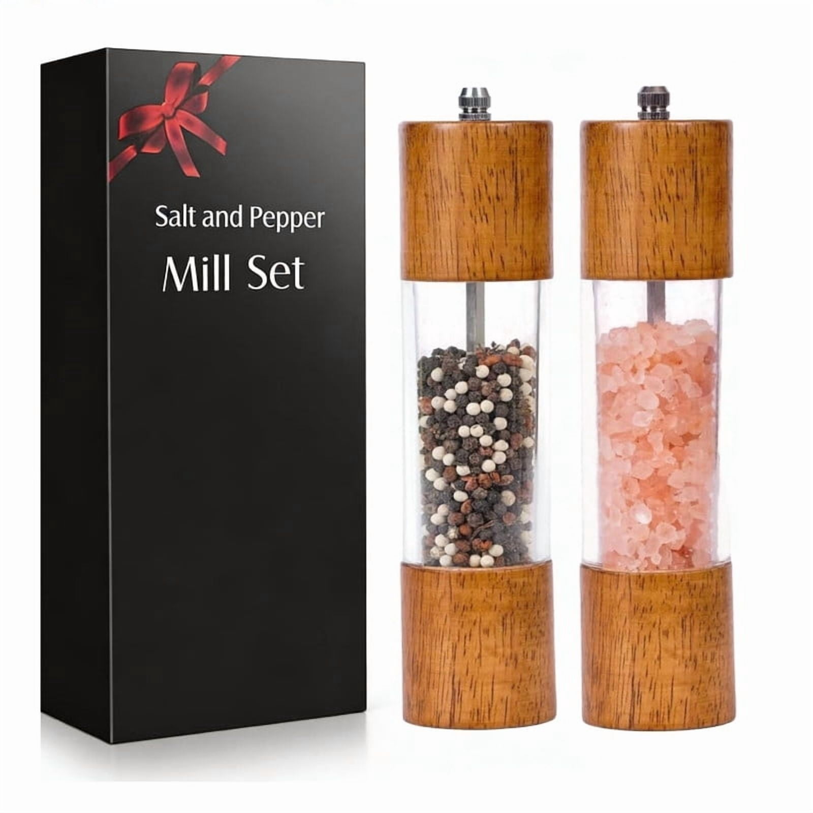 Salt and Pepper Grinder Set, 2 Pack 8 Inches Manual Acrylic Mills, Refillable Salt Shaker and Pepper Mill for Kitchen, Wooden Design