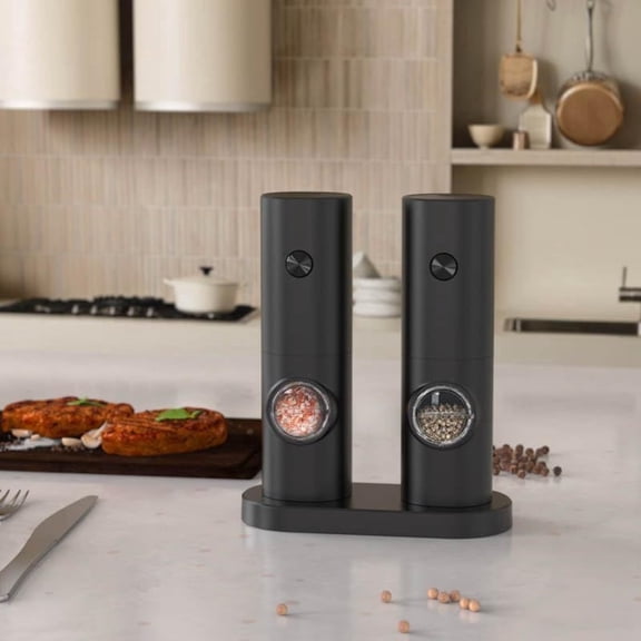 Salt and Pepper Grinder Set - Battery-Powered, Adjustable Coarseness, LED Illumination, with Storage Base
