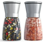 Salt and Pepper Grinder Set, Refillable Grinder Adjustable Coarseness of Pepper Salt Spice Stainless Steel Mills Glass 6oz(2 Pack)