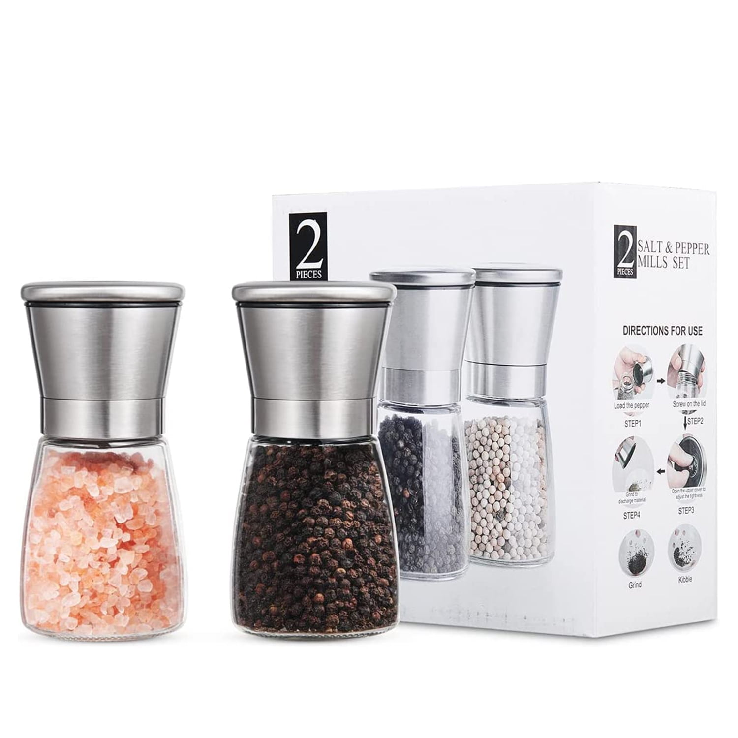 Pepper Grinder with Light - Battery Operated Pepper or Salt Mill -  Stainless Steel - Easy Grip - Easy to Use - Sleek Modern Design, Adjustable