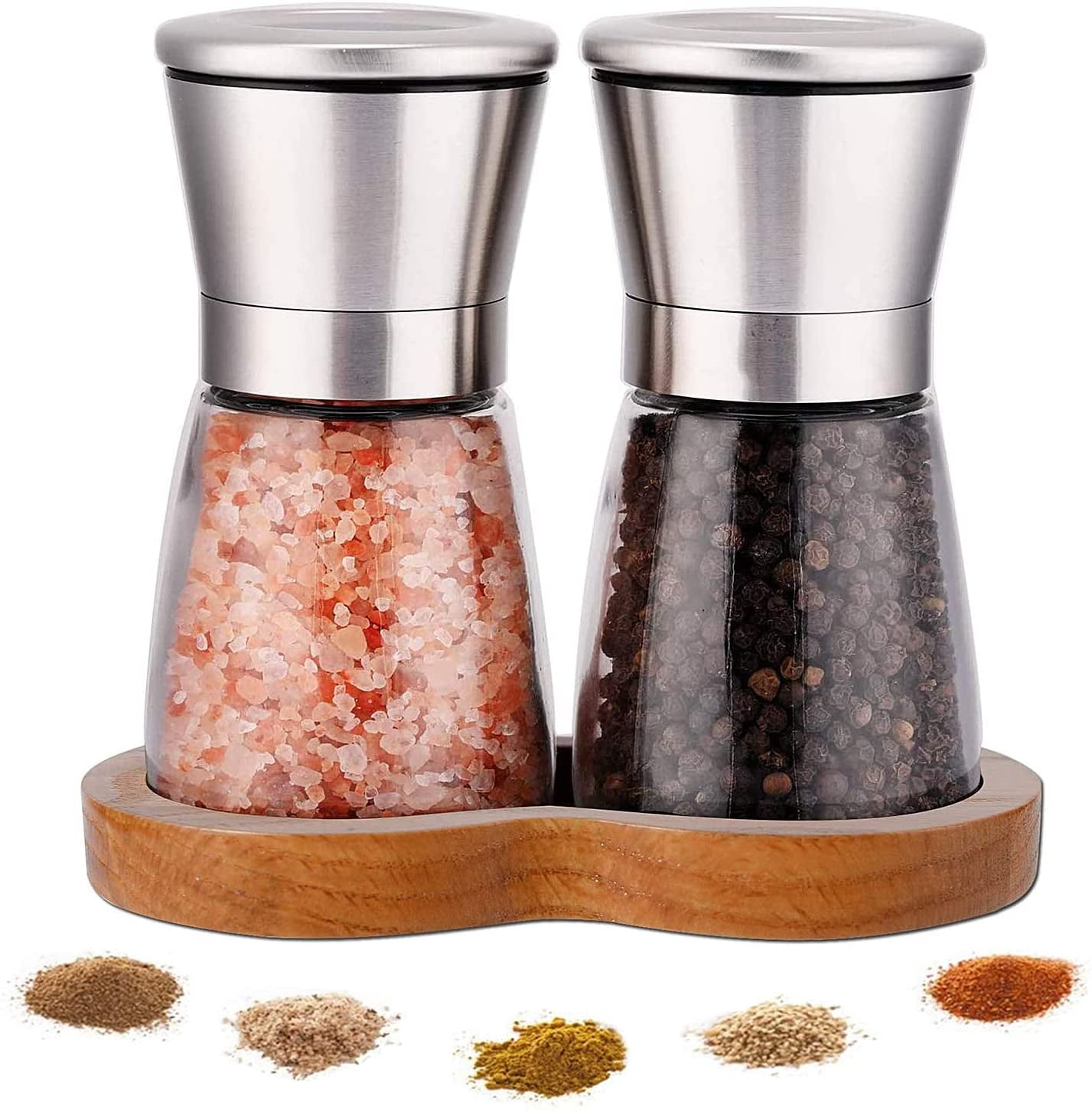 Salt and Pepper Grinder Set with Wooden Tray Refillable Stainless Steel Adjustable Coarseness Compact Glass Spice Mills