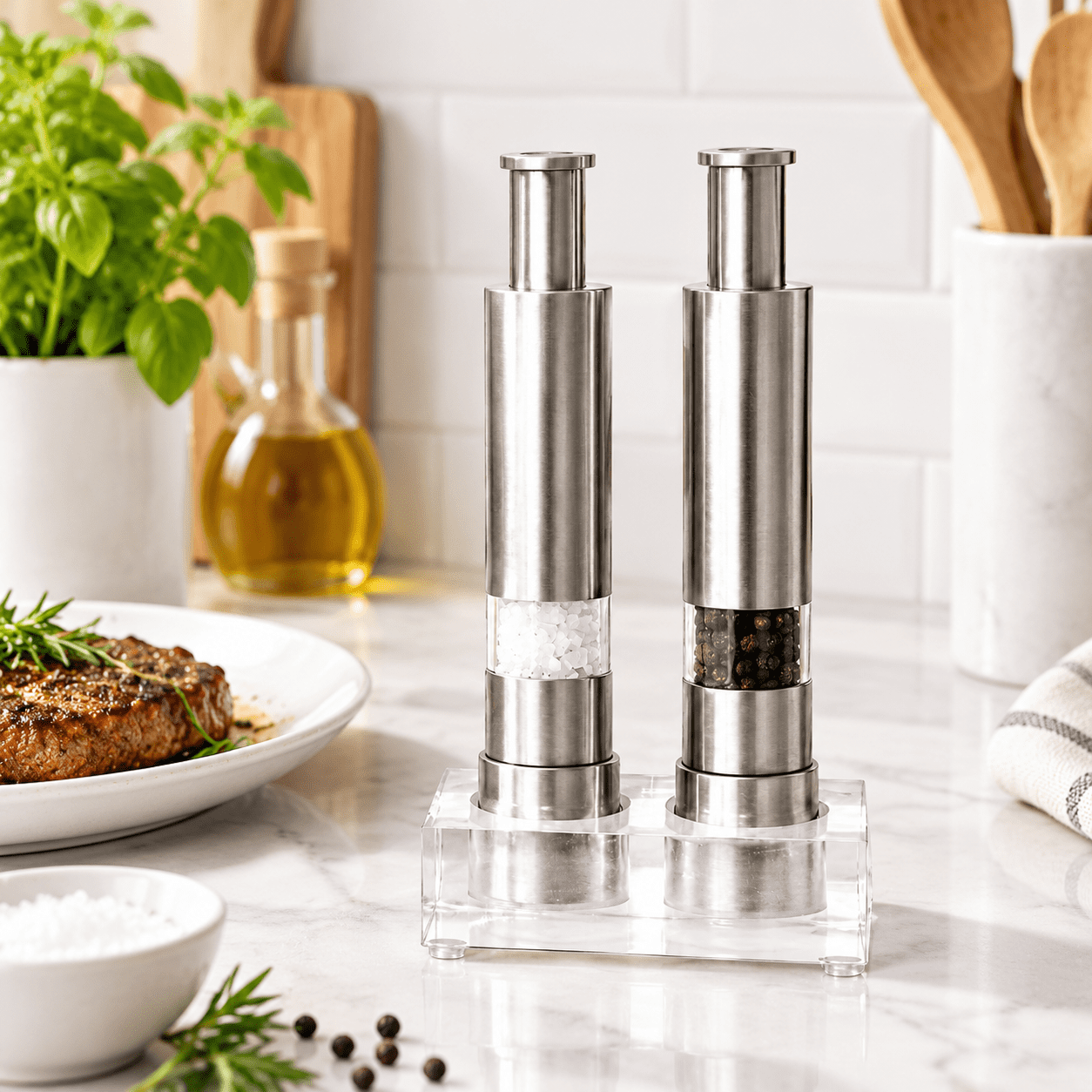 Salt and Pepper Mill Set, 316 Stainless Steel, Refillable Thumb Press ...