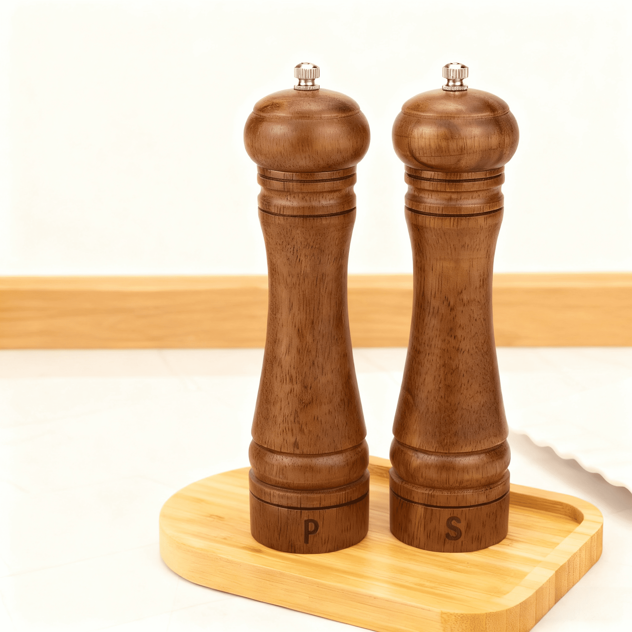 Salt and Pepper Mill Set, Wooden Salt and Pepper Grinders, Shakers with Ceramic Core- 8 Inches -Pack of 2