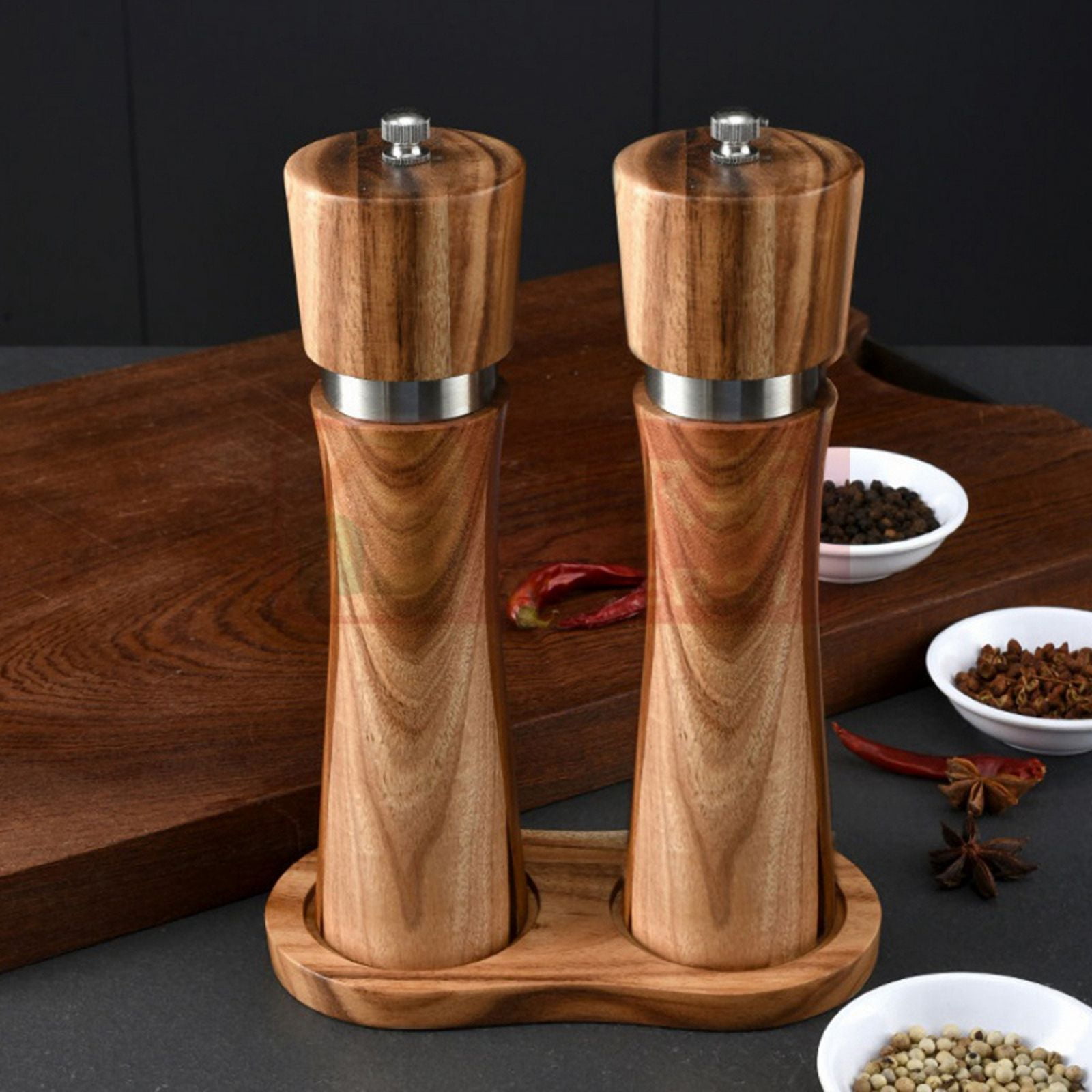 Salt and Pepper Mill Set with Mill Coaster, Adjustable Ceramic Grinder, Salt Mill, Stainless Steel Grinder, Pepper Mill