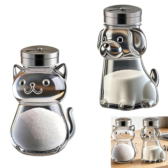Salt and Pepper Shaker Set, 2 Pieces, Cat+Dog, Funny Animal Glass Bottle with Stainless Steel Lids