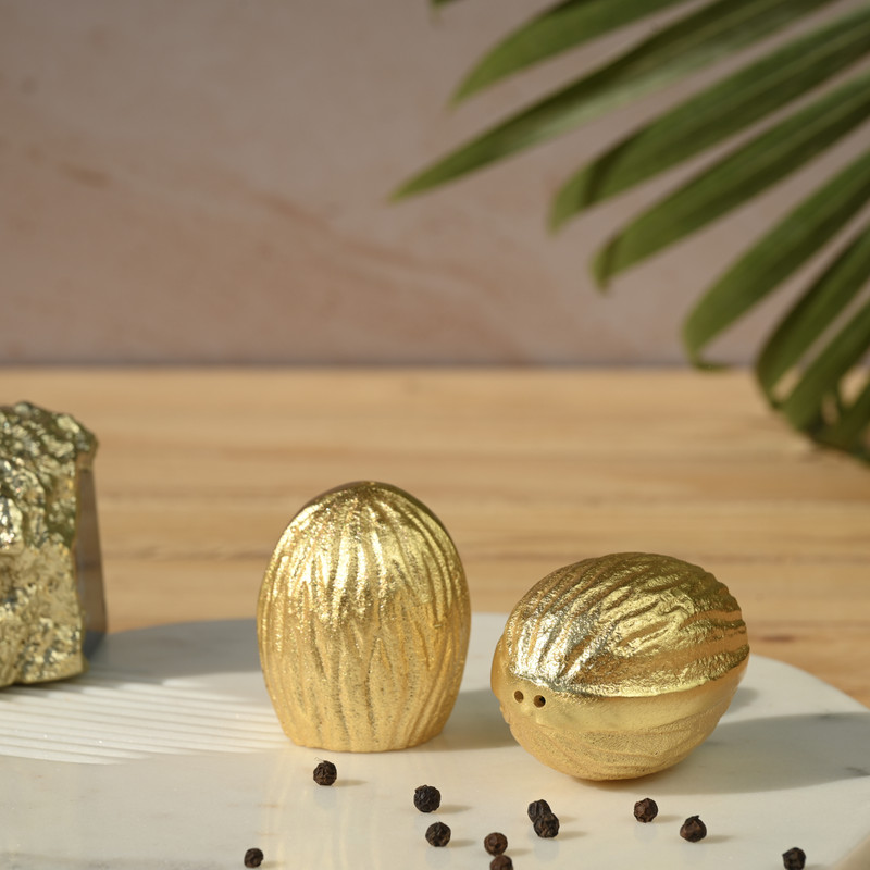 Salt and Pepper Shakers - Gold Tableware - Handcrafted Walnut for Home