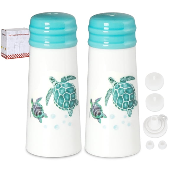 Salt and Pepper Shakers Set, 2-Count Ceramic Salt and Pepper Grinder Set with Silicone Lid and Funnel for Table, RV, Camp, BBQ Gift Box Ready Turtle