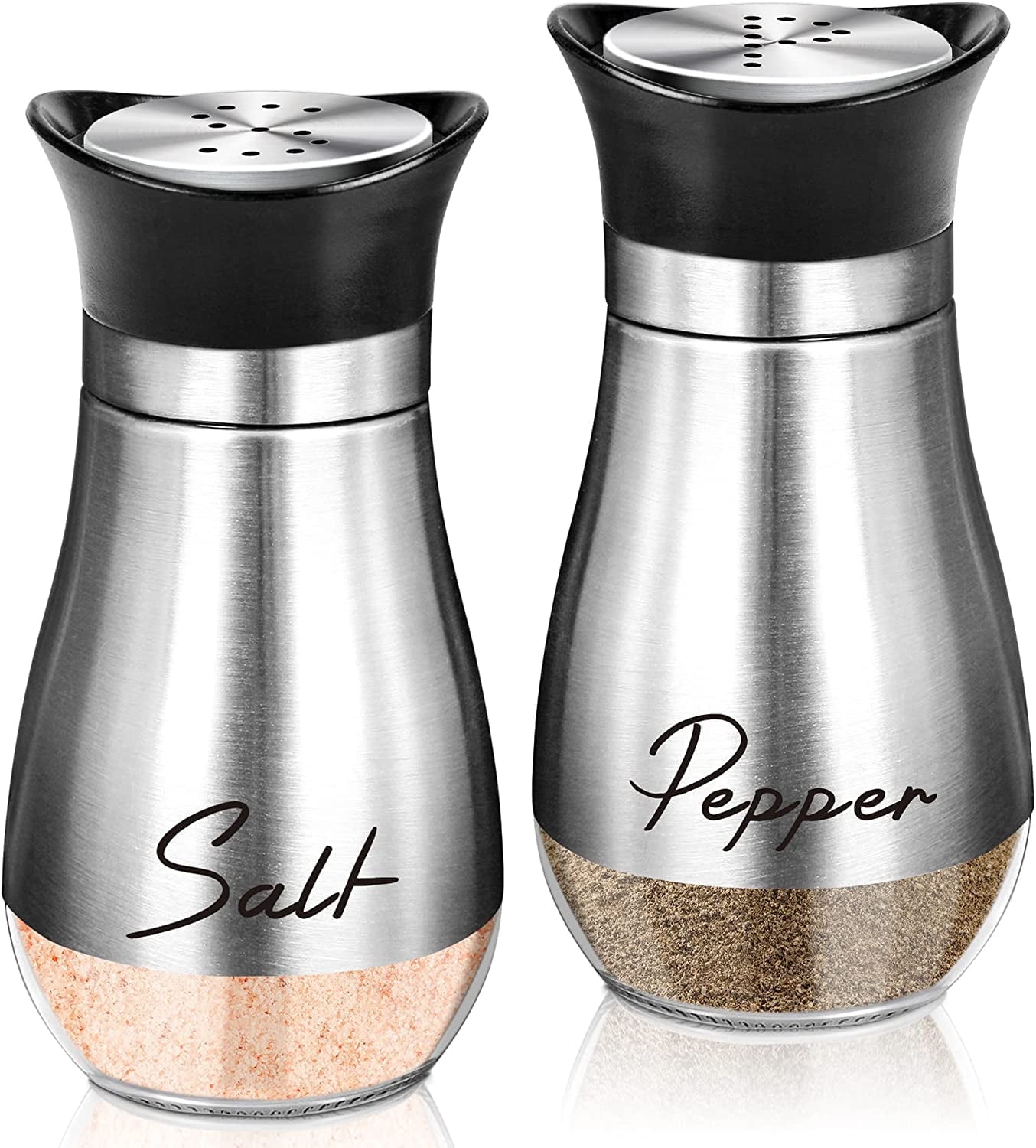 Silver Stainless Steel and Glass Salt and Pepper Shakers Set