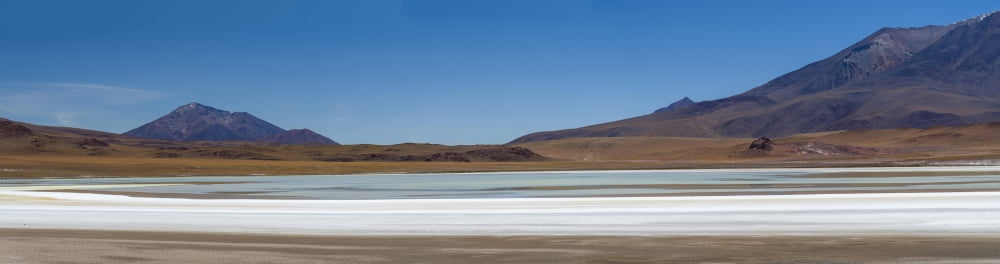 Salt rings the shore of Laguna Honor Bolivia Canvas Art - Panoramic Images (27 x 9)