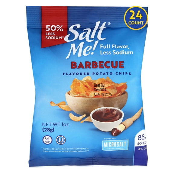 SaltMe! BBQ Potato Chips - 24 count 1oz Bags - 50% Less Sodium, Kosher, Non-GMO, Gluten Free - Less Salt, Great Flavor