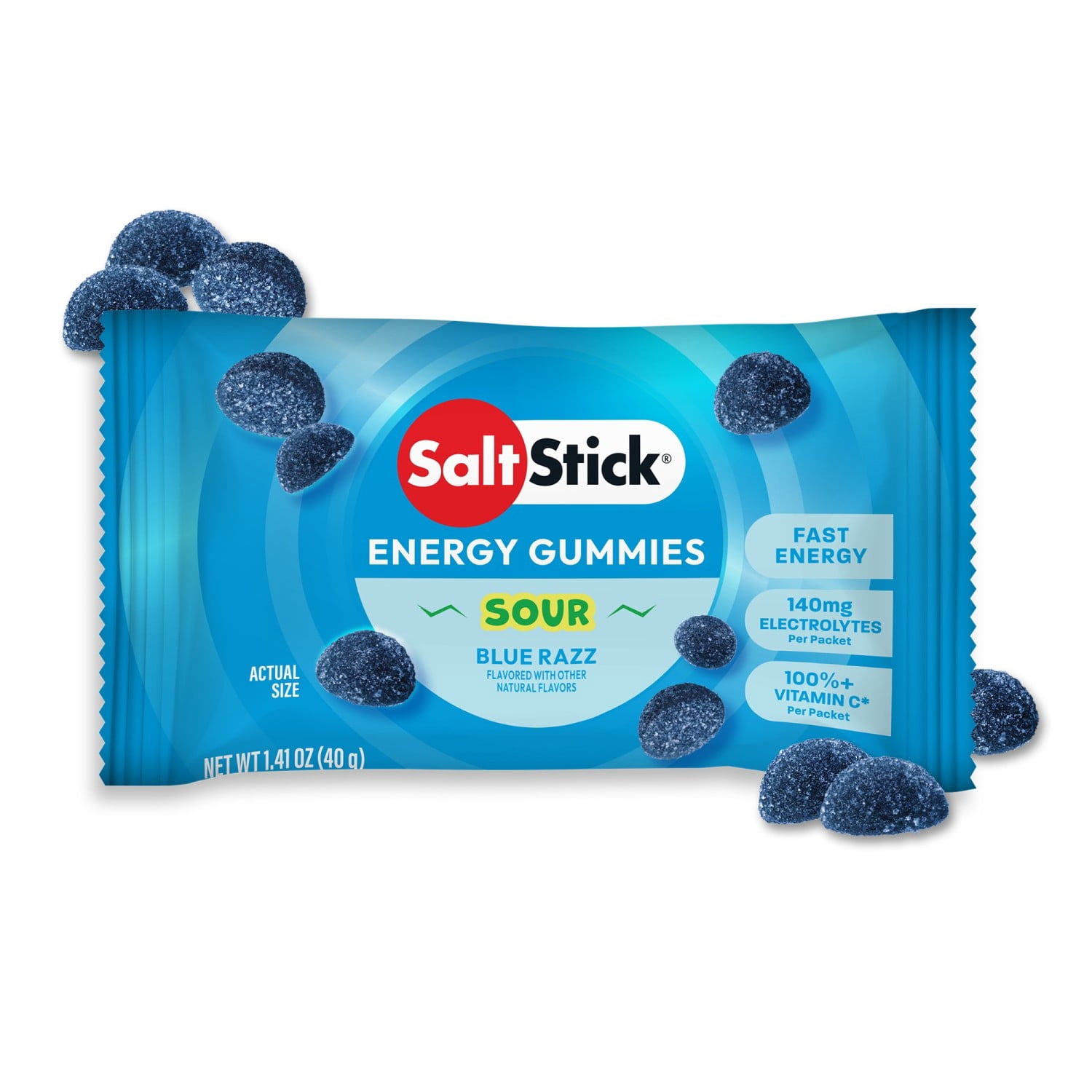 SaltStick Energy Gummies with Electrolytes, Sour Blue Razz Energy Chews, Caffeine Free, 1 Pack