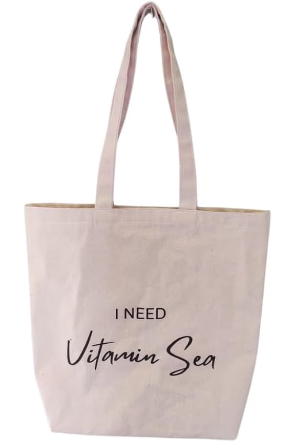Canvas Tote Bag Reusable Grocery Bag, Natural Color, Beach Bag14 x 16" Sturdy Shopping Bag with Reinforced Handles, Printed I Need Vitamin Sea