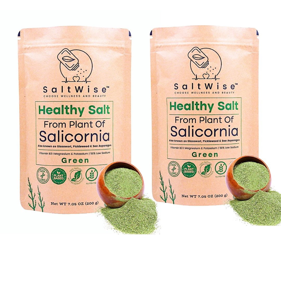 SaltWise Green Salt – 50% Less Sodium, Plant-Based Salt Substitute, 100% Dehydrated Salicornia, Umami (Pack of 2)