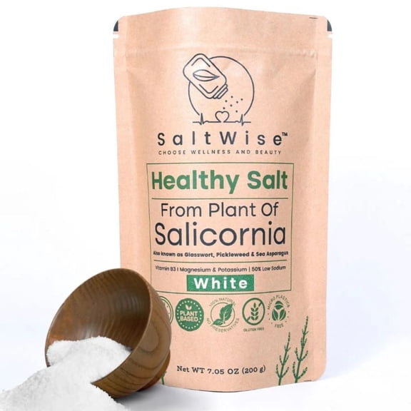 SaltWise Salicornia White Salt – Low Sodium Salt Substitute, Plant-Based Mineral Salt, Kosher, 100% Natural, No Additives (7.05 oz / 200g)