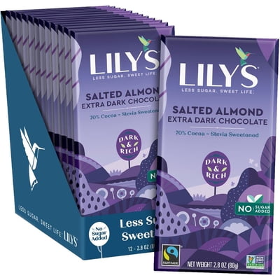 Salted Almond Dark Chocolate Bar by Lily's | Made with Stevia, No Added Sugar, Low-Carb, Keto Friendly Halloween Treat | 70% Cocoa | Fair Trade, Gluten-Free & Non-GMO | 2.8 ounce, 12-Pack