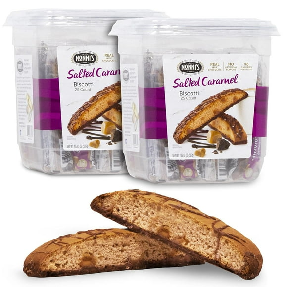 Salted Caramel Biscotti Italian Cookies - 2 Tubs Biscotti Individually Wrapped Cookies w/Rich Milk Chocolate & Sea Salt - Salted Caramel Coffee Cookies - Italian Biscotti Cookies - 21 oz