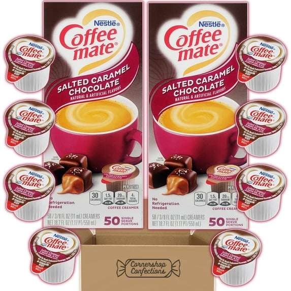 Salted Caramel Chocolate Coffee Mate Mix and Match Flavored Creamer Cups - 100 Single Serve Salted Caramel Chocolate Coffee Creamer Cups - In Convenient Dispenser Boxes in Cornershop Confections pack