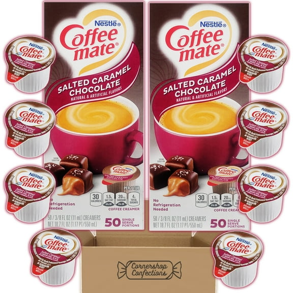 Salted Caramel Chocolate Coffee Mate Mix and Match Flavored Creamer Cups - 100 Single Serve Salted Caramel Chocolate Coffee Creamer Cups - In Convenient Dispenser Boxes in Cornershop Confections pack
